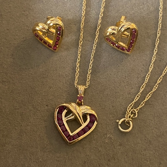 Classic Gold Over Sterling Ruby Heart jewelry set - Picture 6 of 11